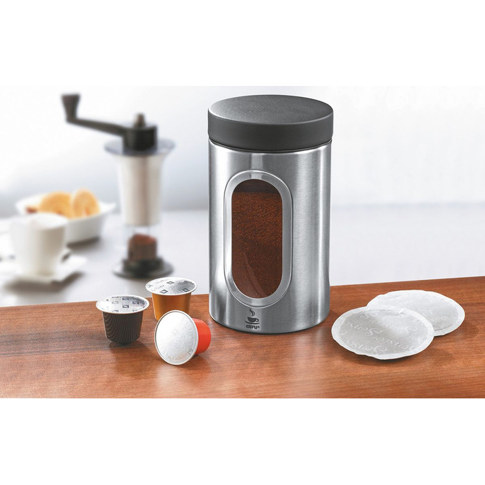 Moderne Kaffeedosen aus Glas, Keramik und Metall, die Stil, Nachhaltigkeit und technisch fortschrittliche Aufbewahrung kombinieren.