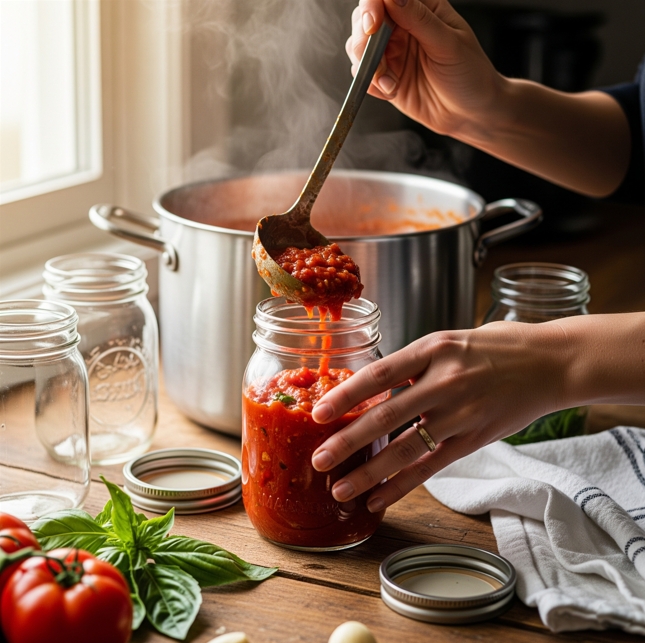Konservieren- Hausgemachte Tomatensauce wird heiß in Einmachgläser gefüllt