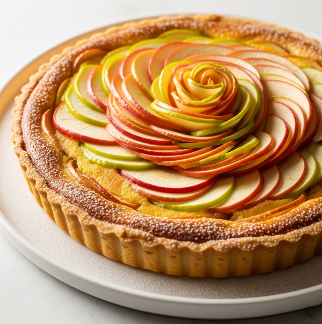 Elegante Apfel-Mandel-Tarte, kunstvoll mit Apfelscheiben als Rose dekoriert.