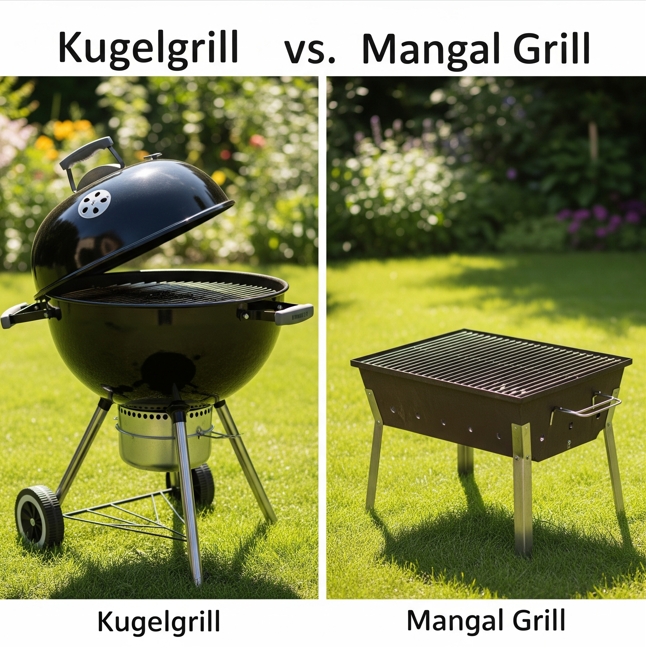 Direkter visueller Vergleich zwischen einem runden Kugelgrill und einem eckigen Mangal Grill.