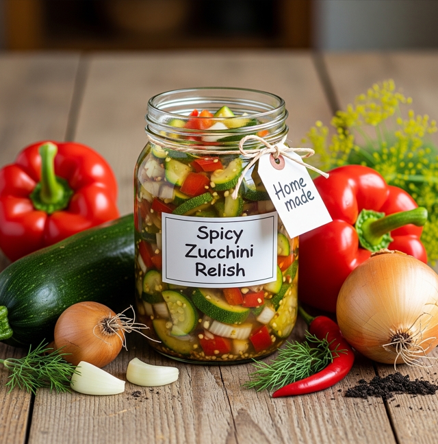 Pikantes Zucchini-Relish hausgemacht in einem Glas, umgeben von frischen Zutaten.