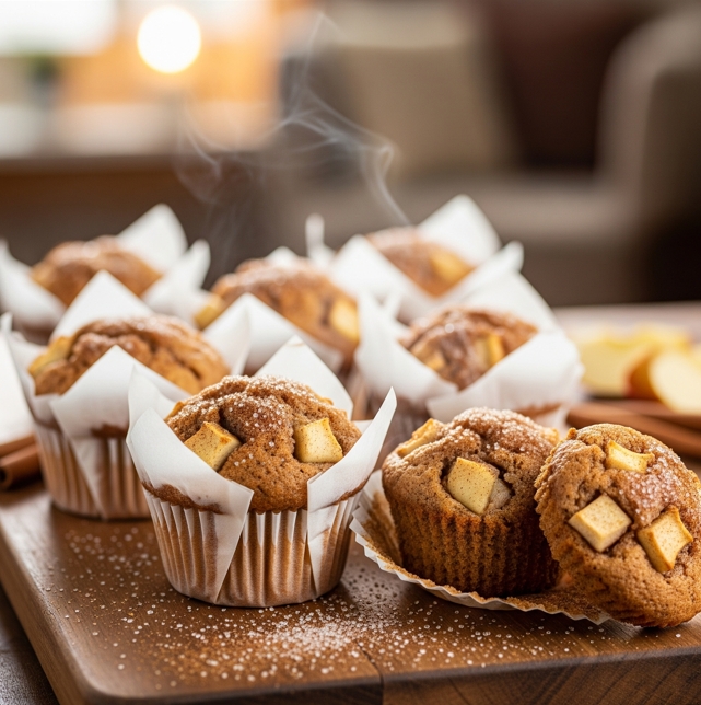 Frisch gebackene Apfel-Zimt-Muffins, einige davon in Papierförmchen auf einem Holzbrett.