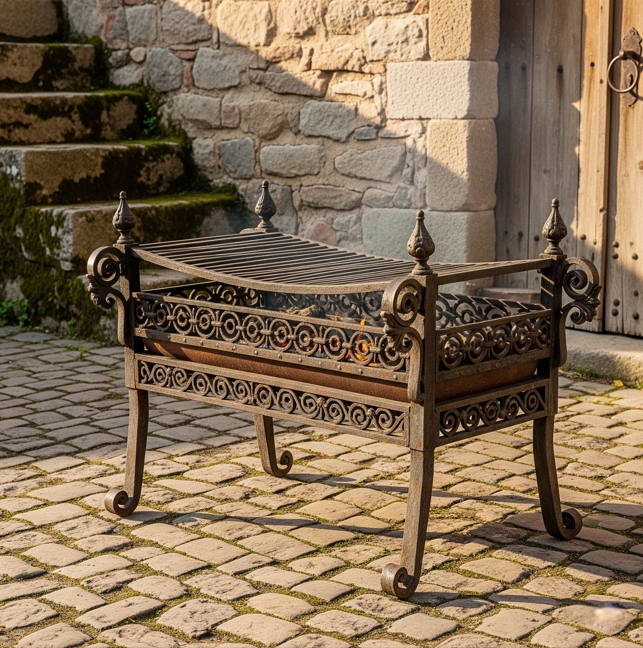 Ein kunstvoll verzierter, historischer Mangal aus Schmiedeeisen steht in einem rustikalen Steinhof.