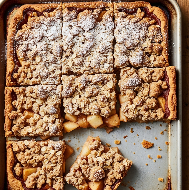 Apfelkuchen vom Blech mit knusprigen Streuseln, in Stücke geschnitten.