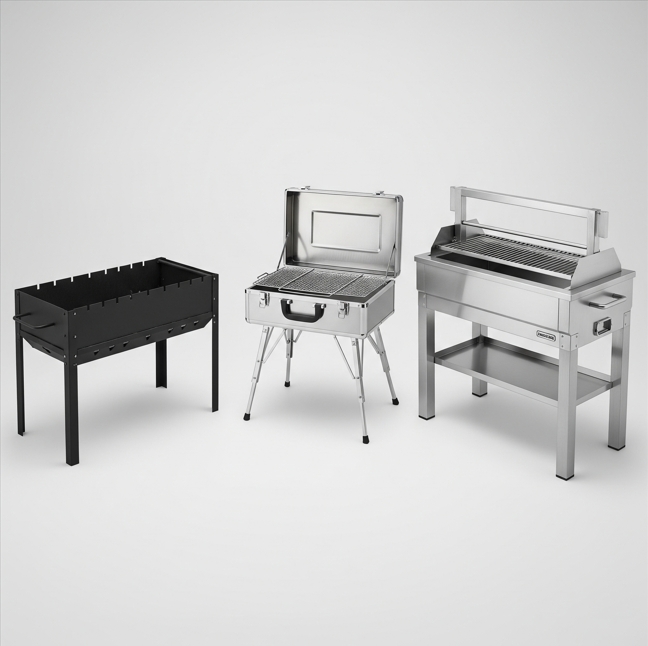 Vergleich von drei Mangal-Typen: ein einfaches Stahlmodell, ein klappbarer Koffergrill und ein robuster Edelstahl-Mangal.