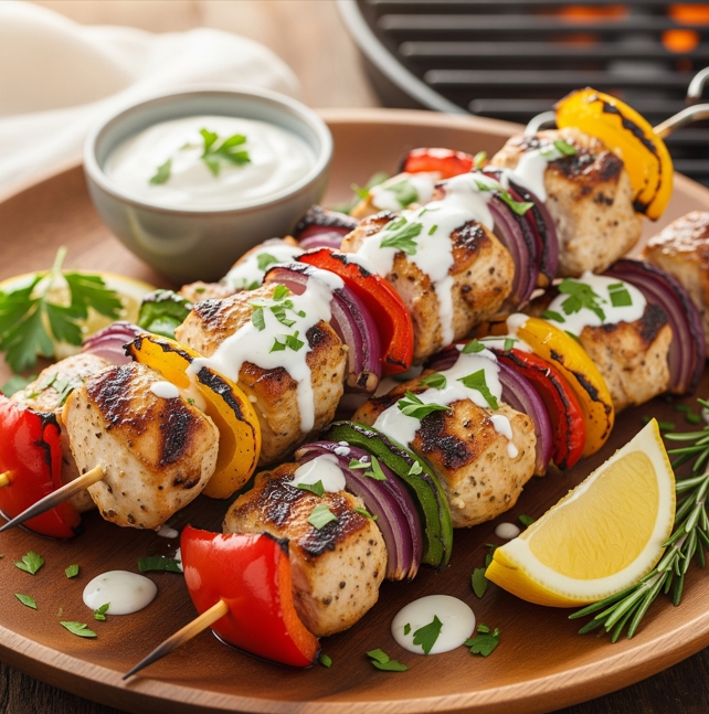Gegrillter Hähnchen-Schaschlik in Joghurt-Marinade, serviert auf einem Holzteller mit Paprika und Zwiebeln.