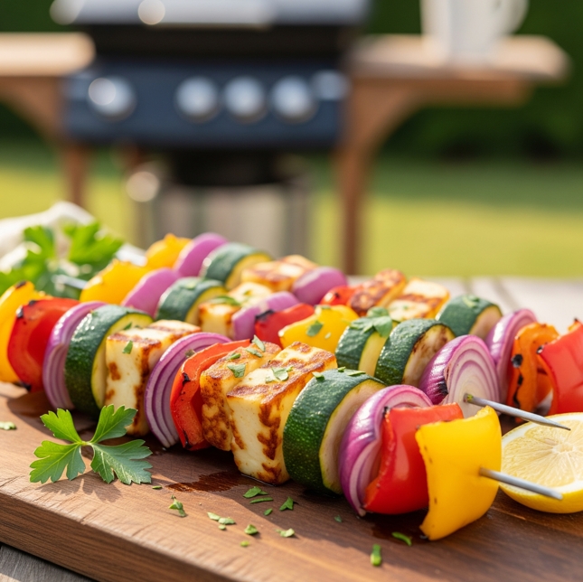Vegetarische Grillspieße mit Halloumi-Käse, Paprika und Zucchini auf einem Holzbrett serviert.
