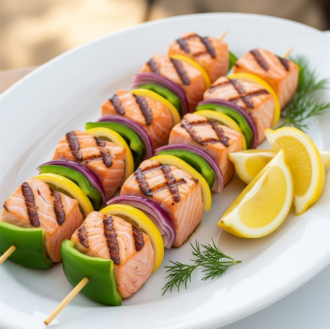 Gegrillte Lachsspieße mit Zitrone und Paprika, serviert auf einem weißen Teller und garniert mit frischem Dill.