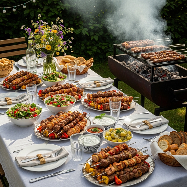 Ein festlich gedeckter Gartentisch neben einem Mangal-Grill, beladen mit Schaschlik, Salaten und vielen Beilagen.