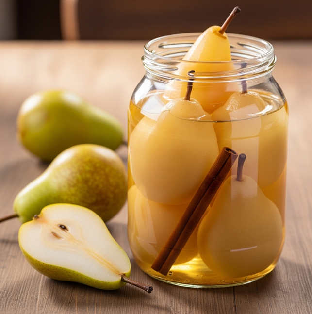 Süße Birnen in Sirup eingekocht in einem Glas, mit einer Zimtstange und frischen Früchten daneben.