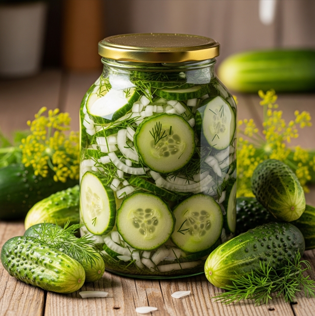Eingelegte Gurkenscheiben mit Zwiebeln und Dill in einem Glas