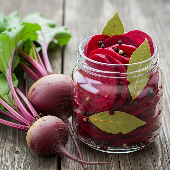 Würzige, in Scheiben geschnittene Rote Bete, eingelegt in einem Glas mit Lorbeerblättern und Pfeffer.