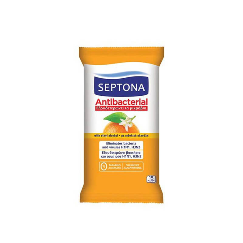 antibakterines-dregnos-serveteles-septona-apelsinu-kvapo-15vnt Septona Antibakterielle Feuchttücher "Orangenblüte", 15 Stk. | Für die hygienische Händedesinfektion – Bild 1
