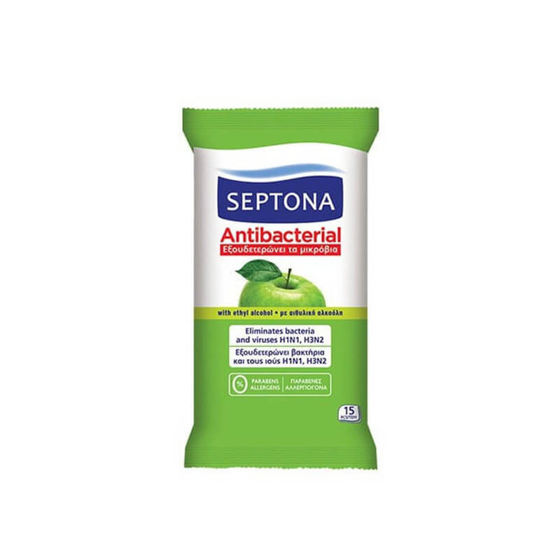 antibakterines-dregnos-serveteles-septona-obuoliu-kvapo-15vnt Septona Antibakterielle Feuchttücher "Grüner Apfel", 15 Stück | Für die hygienische Händedesinfektion – Bild 1