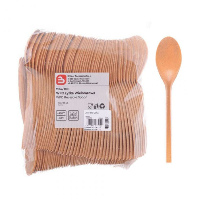 wpc-saukstai-rudos-spalvos-100vnt Wiederverwendbare WPC-Löffel | 100 Stk., Braun, Robust und Umweltfreundlich – Bild 1