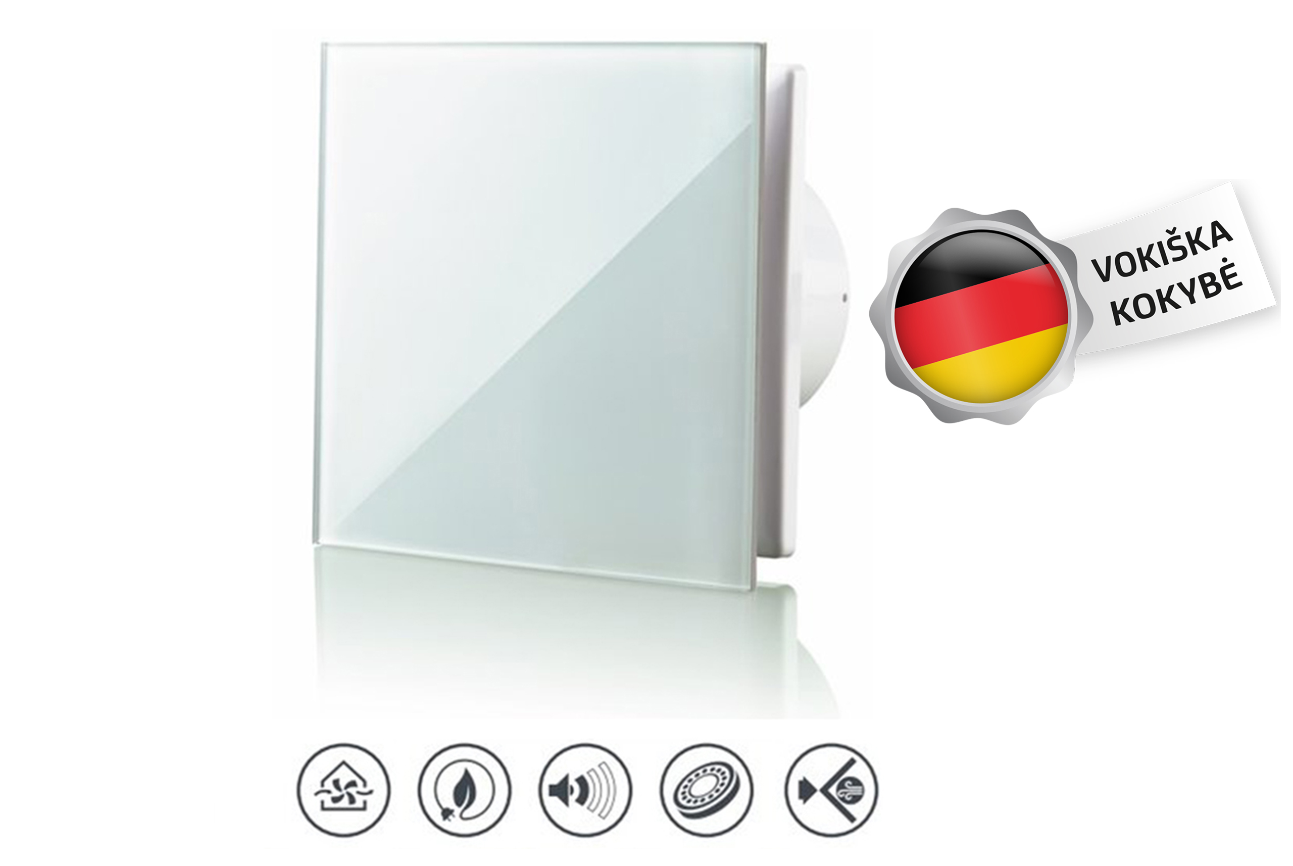 Istraukimo-Ventiliatorius-Vlano-A-100-T-su-Laikmaciu-Balta-Stiklo-Panele-⌀100 Vlano Abluftventilator A-100 Weiß | Ø 100 mm, Glaspanel, Rückschlagklappe – Bild 1