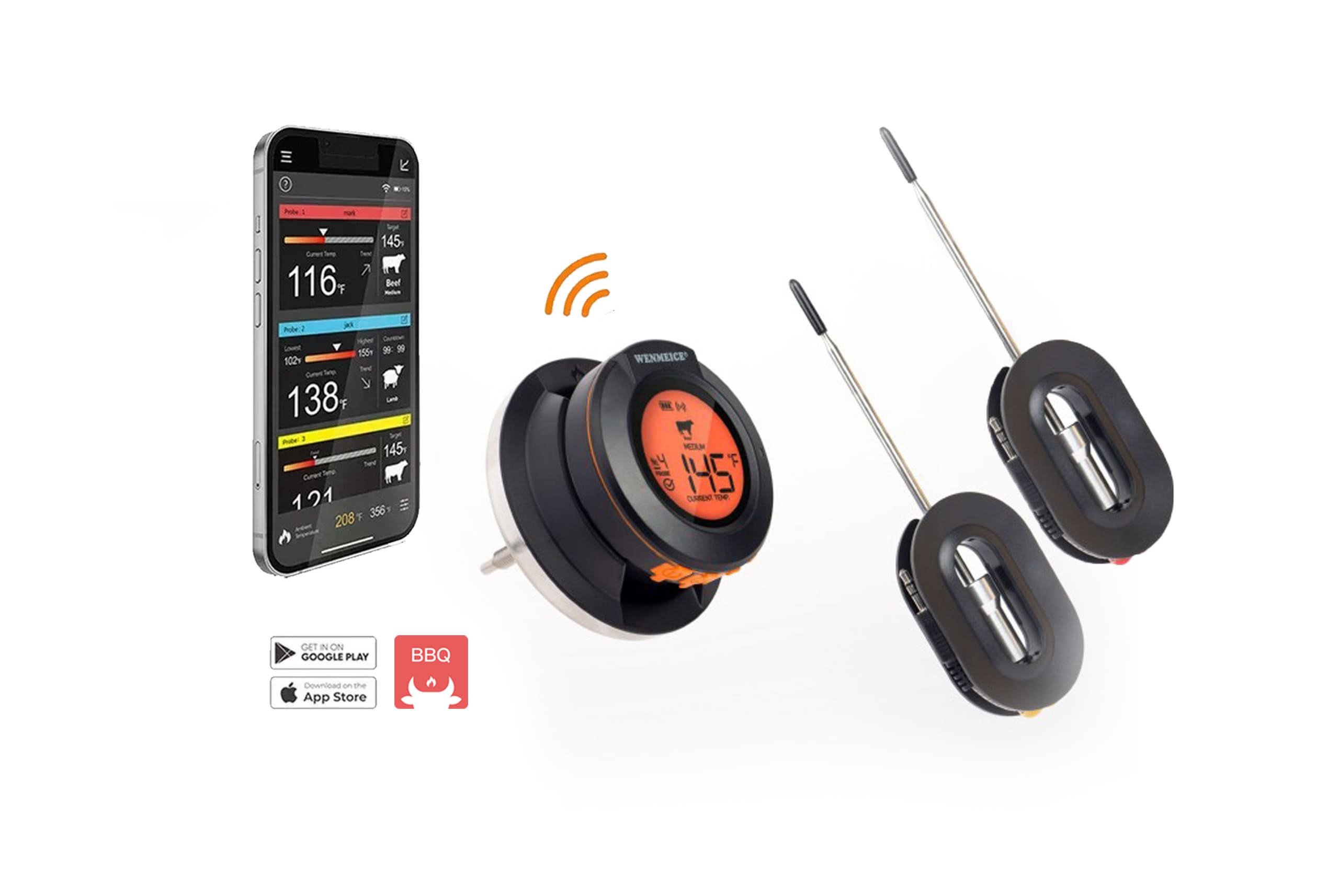 Termometras-HYPERBBQAT02-1 HYPERBBQAT-02 Kabelloses Grillthermometer | 50 m Bluetooth, 4 Sonden (2 enthalten), 300°C – Bild 1