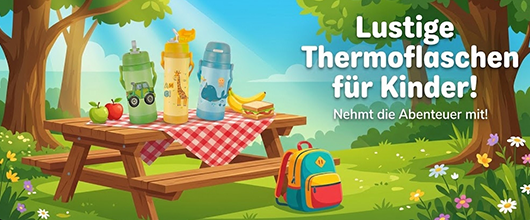 Werbebanner mit der Aufschrift „Lustige Thermosflaschen für Kinder!“. Zu sehen sind drei bunte (grün, gelb, blau) Kinder-Thermosflaschen mit Auto-, Giraffen- und Wal-Motiven vor einem Naturhintergrund.