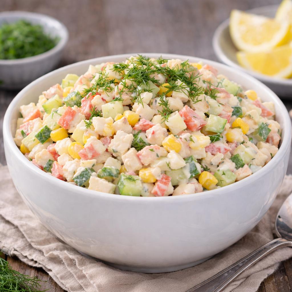 Krabbensalat Russisch auf einem weißen Teller, garniert mit frischem Dill – cremiger russischer Krabbensalat für Partys und Buffets