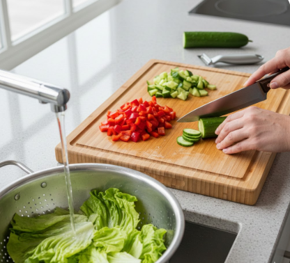 Eine helle, moderne Küche während der Salatvorbereitung. Im Vordergrund wird Eisbergsalat in einem Edelstahlsieb unter fließendem Wasser gewaschen. Auf einem Holzschneidebrett daneben liegen gleichmäßig gewürfelte rote Paprika und Gurken. Eine Person schneidet gerade eine weitere Gurke mit einem Profi-Küchenmesser in Scheiben. Im Hintergrund sind eine ganze Gurke und ein Sparschäler auf der grauen Arbeitsplatte zu sehen.
