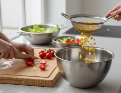 Eine helle Küchenszene, in der Cherrytomaten auf einem Holzbrett halbiert werden. Daneben steht eine große, stilvolle Servierschale, in der bereits abgetropfter Mais und die frischen Tomatenstücke für den Salat gemischt werden. Die Szene wirkt frisch und einladend für ein Buffet.