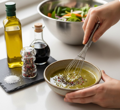 Zubereitung eines Salatdressings: Eine Person rührt mit einem Schneebesen kräftig in einer kleinen Schale, um Olivenöl, Balsamico-Essig und Gewürze zu einer Emulsion zu vermischen. Daneben stehen eine Flasche Olivenöl, eine Karaffe mit dunklem Essig, eine Pfeffermühle mit buntem Pfeffer und ein kleiner Haufen Meersalz auf einer Schieferplatte.