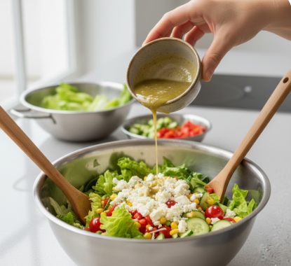 Eine Person gießt das frisch zubereitete Dressing aus einer kleinen Keramikschale über einen bunten Partysalat in einer großen Edelstahlschüssel. Der Salat besteht aus grünem Blattsalat, Gurkenscheiben, roten Cherrytomaten, Mais und ist großzügig mit zerbröseltem Feta-Käse bestreut. In der Schüssel stecken zwei große Salatlöffel aus Holz zum Unterheben. Im Hintergrund sind weitere Schalen mit vorbereiteten Zutaten in einer hellen Küche zu sehen.