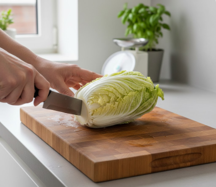 Eine Person schneidet mit einem Messer den harten Strunk am unteren Ende eines Chinakohls keilförmig aus. Der Kohl liegt dabei auf einem stabilen Holzschneidebrett in einer hellen Küche.