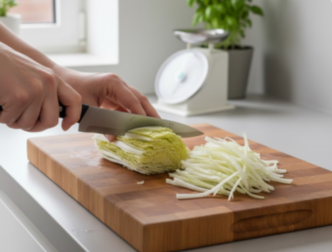 Nahaufnahme von Händen, die einen Chinakohl mit einem Kochmesser auf einem Holzschneidebrett in feine, gleichmäßige Streifen schneiden. Ein Teil des Kohls ist bereits in feine Streifen zerkleinert und liegt daneben.
