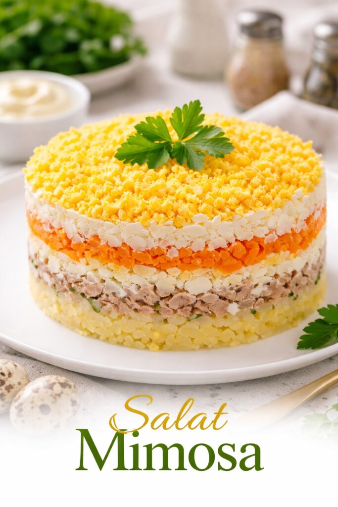 Ein kunstvoll geschichteter Mimosa-Salat auf einem weißen Teller, garniert mit frischer Petersilie.