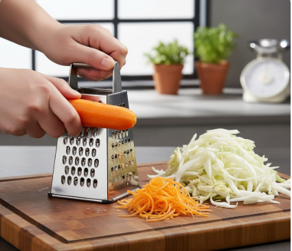 Eine Person raspelt eine geschälte Karotte mit einer Vierkantreibe aus Edelstahl auf einem Holzbrett. Daneben liegt bereits ein kleiner Haufen frisch geraspelter Karotten sowie der fein geschnittene Chinakohl in einer hellen, modernen Küche.