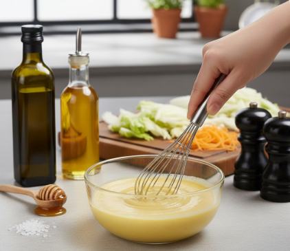 Eine Person rührt mit einem Schneebesen ein cremiges, hellgelbes Dressing in einer Glasschüssel an. Im Hintergrund stehen Olivenöl- und Essigflaschen, Pfeffermühlen sowie ein Löffel mit Honig und eine Prise Salz auf der Arbeitsfläche. Die vorbereiteten Chinakohlstreifen und geraspelten Karotten liegen bereit auf einem Schneidebrett.