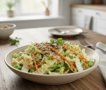 Ein fertig angerichteter Chinakohlsalat in einer hellen Schüssel auf einem Holztisch. Der Salat besteht aus feinen Chinakohlstreifen und geraspelten Karotten, ist mit einem glänzenden Dressing überzogen und mit einer großzügigen Menge Sonnenblumenkernen sowie einem frischen Korianderblatt garniert.