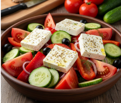 Ein rustikaler griechischer Bauernsalat in einer Tonschale, zubereitet mit groben Tomatenspalten, dicken Gurkenscheiben, roten Paprikastreifen, Oliven und großen Feta-Käseblöcken, die mit Kräutern bestreut sind.
