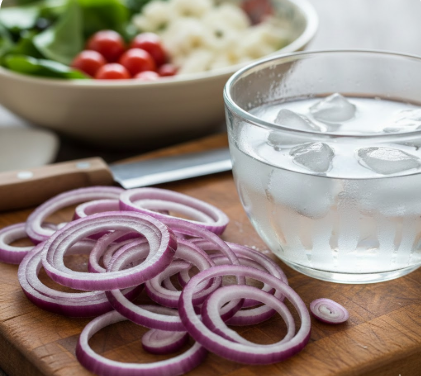 Frisch geschnittene rote Zwiebelringe auf einem Holzbrett neben einem Glas mit Eiswasser und einer Schüssel Bauernsalat im Hintergrund.