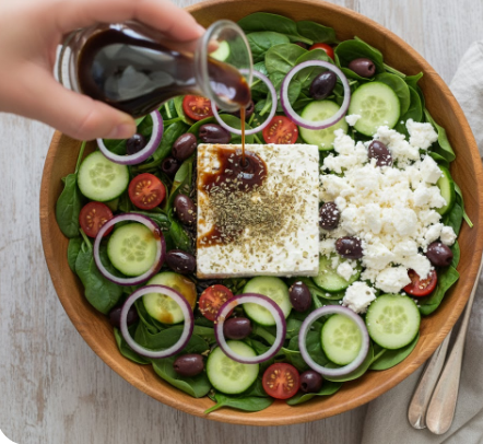 Eine Hand gießt aus einer kleinen Glaskaraffe dunkles Dressing über einen Bauernsalat, der mit getrocknetem Oregano und Feta-Käse garniert ist.