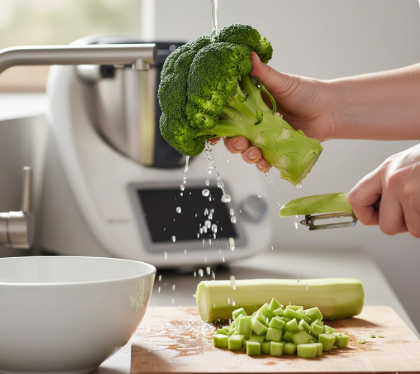 Eine helle, moderne Küche, in der Brokkoli für die Zubereitung vorbereitet wird. Eine Hand hält einen ganzen Brokkoli unter fließendes Wasser aus einem Wasserhahn, während die andere Hand mit einem Sparschäler den Strunk schält. Auf einem Holzschneidebrett im Vordergrund liegen bereits geschälte und in kleine Würfel geschnittene Brokkoli-Stücke. Im unscharfen Hintergrund ist eine weiße Küchenmaschine (Thermomix) zu sehen, was auf die weitere Verarbeitung hindeutet.
