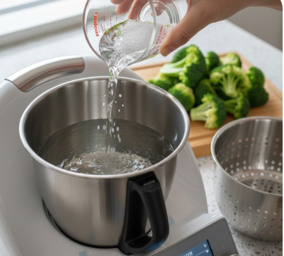 Eine Person gießt Wasser und Meersalz aus einem Messbecher in den Edelstahltopf einer Thermomix-Küchenmaschine. Im Hintergrund liegen frische Brokkoliröschen auf einem Holzbrett bereit.