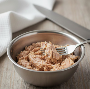 Thunfisch aus der Dose in einer Metallschale mit einer Gabel serviert.