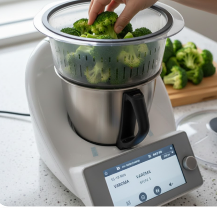 Eine Person füllt Brokkoliröschen in den Varoma-Aufsatz eines Thermomix. Das Display zeigt die Gareinstellungen: 15–18 Min., Varoma, Stufe 1.