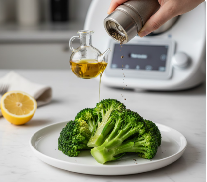 Gegarter Brokkoli auf einem weißen Teller wird mit Olivenöl aus einer Glaskaraffe beträufelt und mit frischem Pfeffer aus einer Mühle gewürzt.