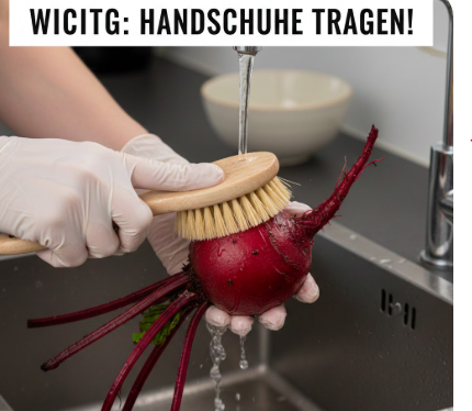 Eine Person trägt weiße Einweghandschuhe und reinigt eine frische Rote Bete unter fließendem Wasser in einer Spüle mit einer Gemüsebürste aus Holz.