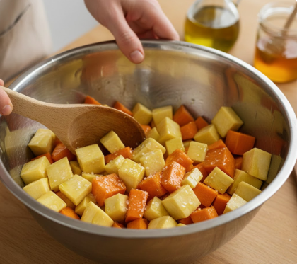 Ein Foto einer Person, die in einer großen Edelstahlschüssel gewürfeltes Gemüse (wie Süßkartoffeln und Pastinaken) mit einem Holzlöffel vermengt. Im Hintergrund stehen ein Glas Honig und eine Flasche Olivenöl auf einem Holztisch.