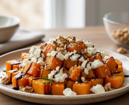 Ein fertig angerichtetes Gericht auf einem Teller mit gerösteten Gemüsewürfeln, die mit zerbröseltem Feta-Käse, Walnüssen und dunkler Balsamico-Creme garniert sind.