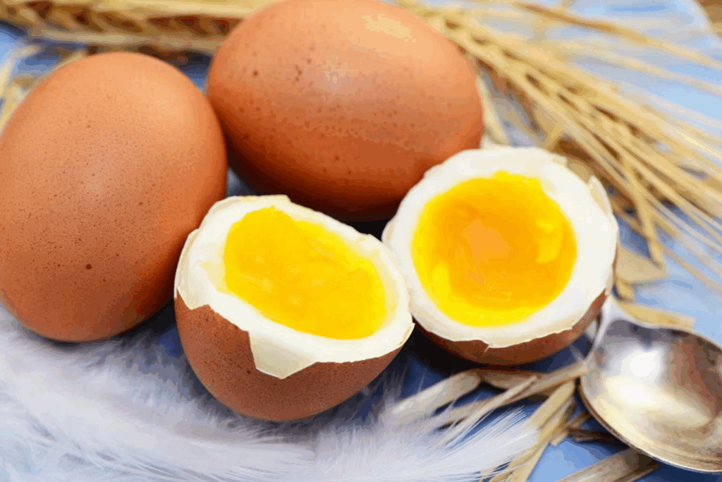 Zwei ganze braune Eier und ein halbiertes weichgekochtes Ei mit flüssigem Eigelb auf einem blauen Hintergrund mit Weizenähren.