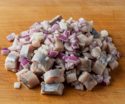 Fein gewürfelte Heringsfilets gemischt mit roten Zwiebelwürfeln auf einem Holzschneidebrett für die Schuba-Fischschicht.