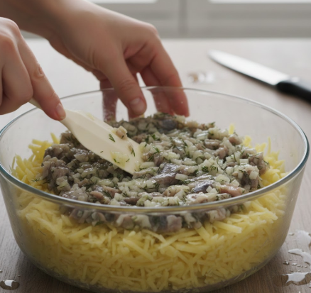 Nahaufnahme einer Glasschüssel, in der eine Schicht aus klein geschnittenem Hering und Zwiebeln gleichmäßig mit einem Teigschaber über einer Basis aus geraspelten Kartoffeln verteilt wird.