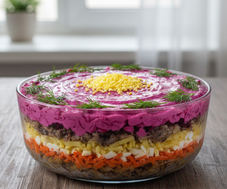 Ein fertig geschichteter Schuba-Salat in einer Glasschüssel, der oben mit fein geraspeltem Eigelb und frischen Dillzweigen auf einer glatten rosa Mayonnaise-Schicht dekoriert ist.