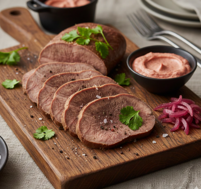 Dünn geschnittene, zarte Rinderzunge auf einem rustikalen Holzbrett, garniert mit frischem Koriander, Meersalz und Pfeffer. Daneben stehen kleine Schälchen mit einer cremigen Meerrettich-Sauce und eingelegten roten Zwiebeln
