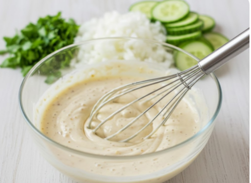 Eine gläserne Rührschüssel im Vordergrund, in der ein cremiges, helles Dressing mit einem Schneebesen glatt gerührt wird. Im unscharfen Hintergrund sind die vorbereiteten Zutaten – gehackte Petersilie, gewürfelte Zwiebeln und Gurkenscheiben – auf einer hellen Arbeitsfläche zu erkennen.